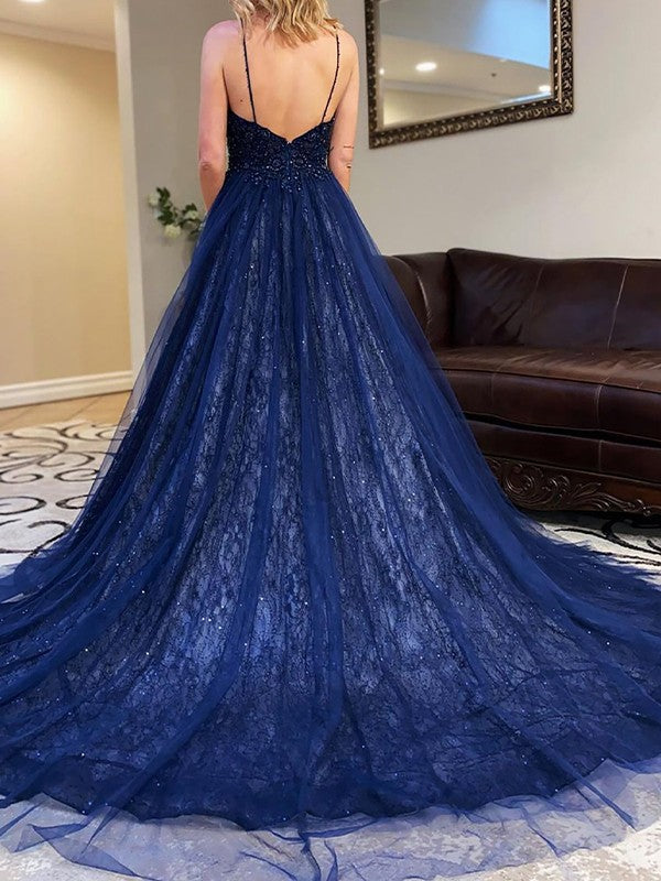 A-Line/Princess Tulle Beading V-neck Sleeveless Court Train Prom Dress