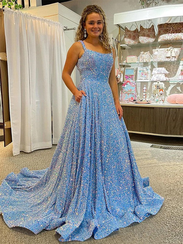 A-Line/Princess Velvet Sequins Ruffles Straps Sleeveless Court Train Prom Dress