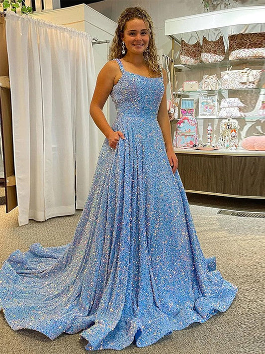 A-Line/Princess Velvet Sequins Ruffles Straps Sleeveless Court Train Prom Dress