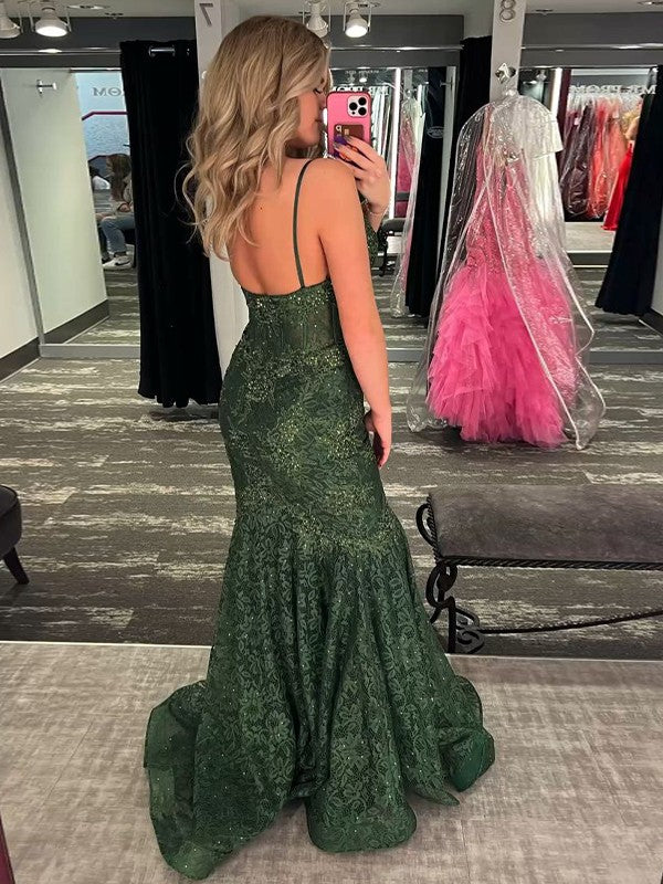 Trumpet/Mermaid Lace Applique V-neck Sleeveless Sweep/Brush Train Prom Dress