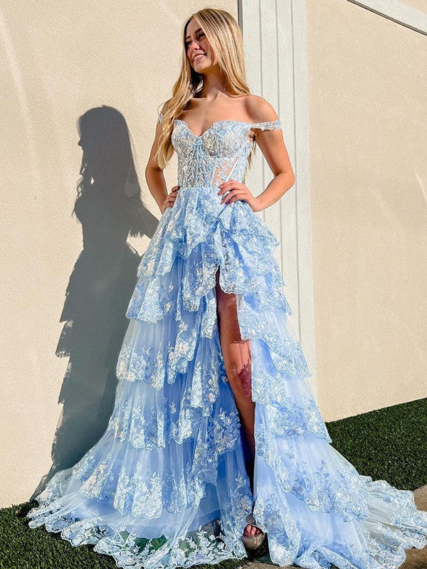 A-Line/Princess Tulle Lace Straps Sleeveless Court Train Corset Prom Dress