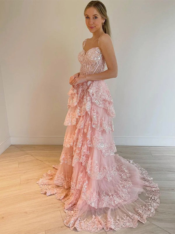 A-Line/Princess Tulle Lace Straps Sleeveless Court Train Corset Prom Dress