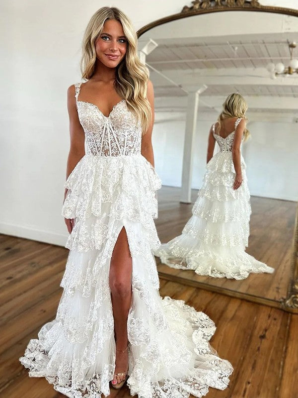 A-Line/Princess Tulle Lace Straps Sleeveless Court Train Corset Prom Dress