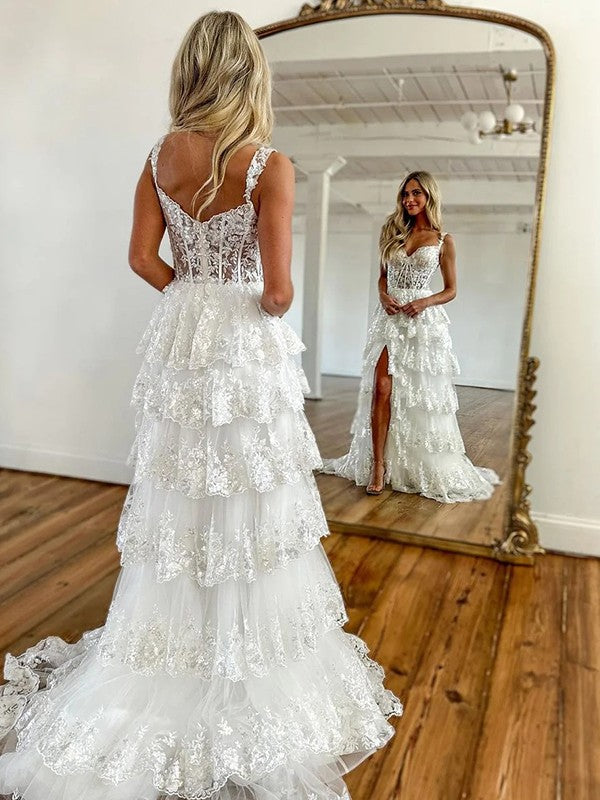 A-Line/Princess Tulle Lace Straps Sleeveless Court Train Corset Prom Dress