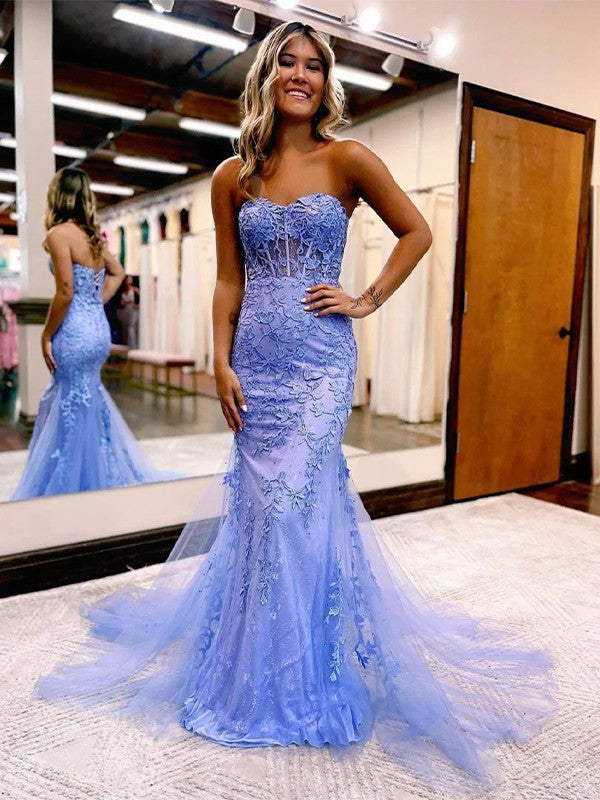 Sheath/Column Tulle Applique Sweetheart Sleeveless Court Train Prom Dress