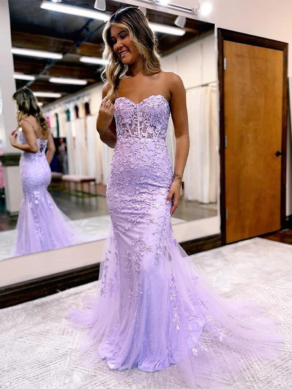 Sheath/Column Tulle Applique Sweetheart Sleeveless Court Train Prom Dress
