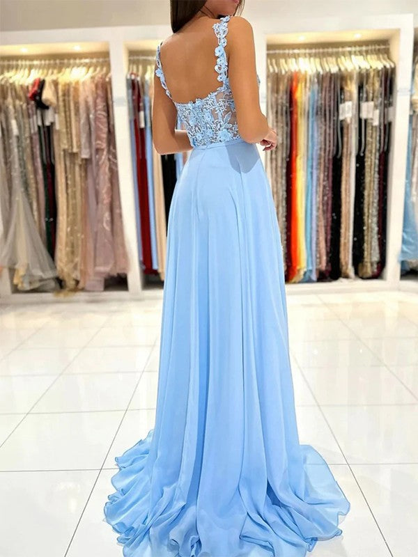 A-Line/Princess Chiffon Applique Straps Sleeveless Sweep/Brush Train Prom Dress