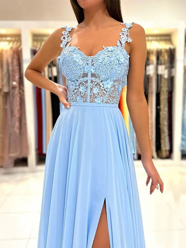 A-Line/Princess Chiffon Applique Straps Sleeveless Sweep/Brush Train Prom Dress