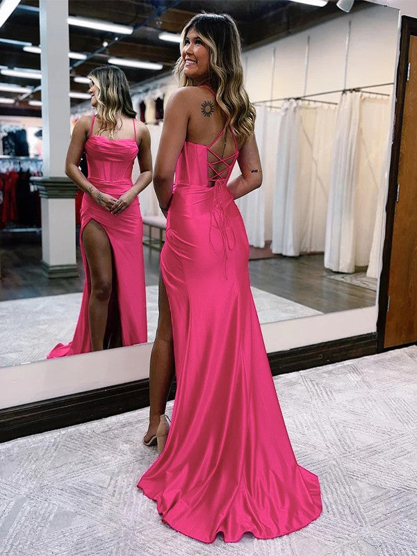 Sheath/Column Elastic Woven Satin Ruched Spaghetti Straps Sleeveless Sweep/Brush Train Corset Prom Dress
