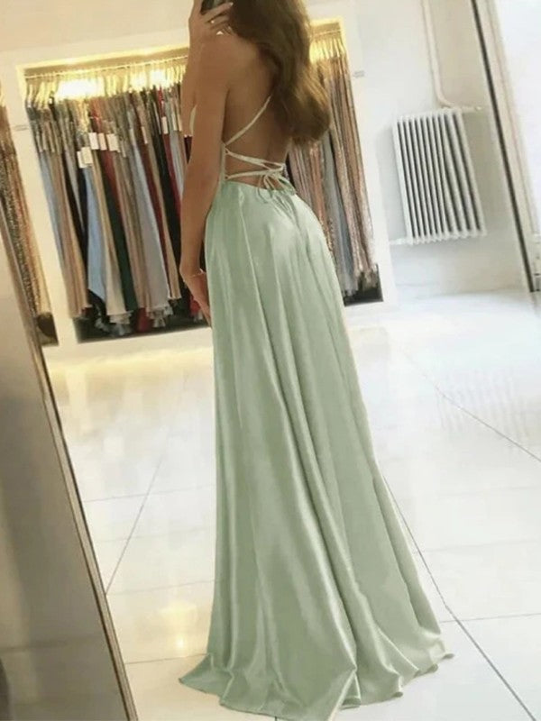 A-Line/Princess Silk like Satin Ruffles Spaghetti Straps Sleeveless Sweep/Brush Train Prom Dress