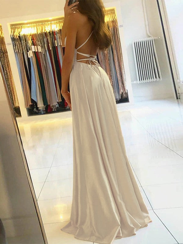 A-Line/Princess Silk like Satin Ruffles Spaghetti Straps Sleeveless Sweep/Brush Train Prom Dress