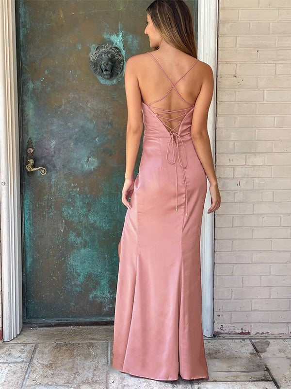 Sheath/Column Charmeuse Ruched Spaghetti Straps Sleeveless Floor-Length Prom Dress