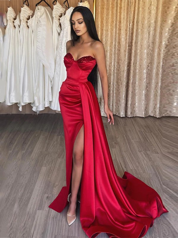 Sheath/Column Elastic Woven Satin Ruched Sweetheart Sleeveless Sweep/Brush Train Prom Dress