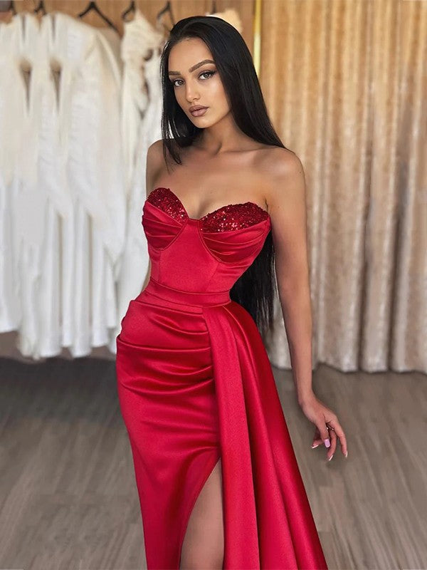 Sheath/Column Elastic Woven Satin Ruched Sweetheart Sleeveless Sweep/Brush Train Prom Dress