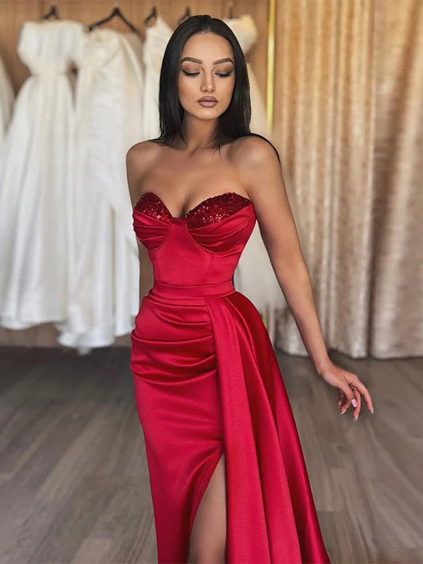 Sheath/Column Elastic Woven Satin Ruched Sweetheart Sleeveless Sweep/Brush Train Prom Dress