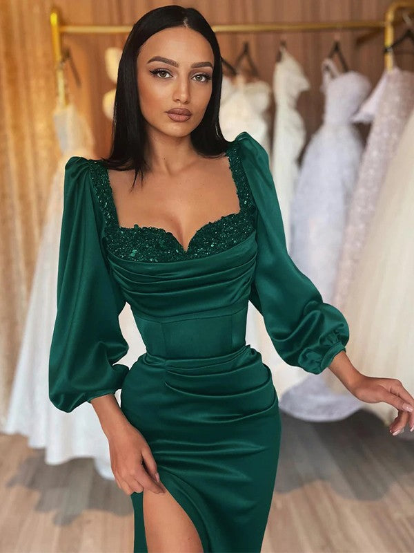 Sheath/Column Elastic Woven Satin Ruched Square Long Sleeves Floor-Length Prom Dress