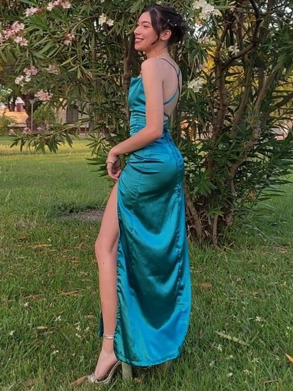 Sheath/Column Silk like Satin Ruched Spaghetti Straps Sleeveless Floor-Length Prom Dress