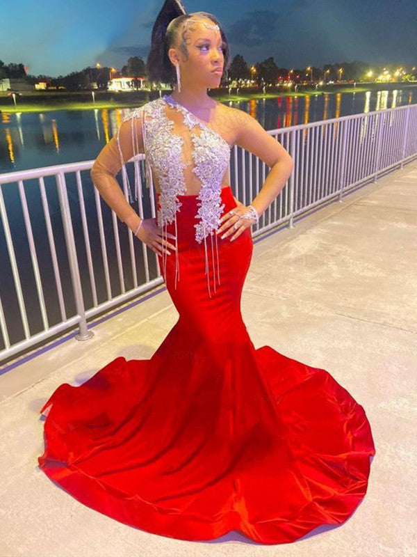 Trumpet/Mermaid Charmeuse Applique One-Shoulder Long Sleeves Sweep/Brush Train Prom Dress