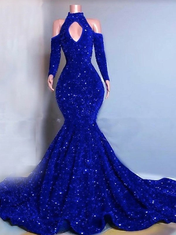 Trumpet/Mermaid Velvet Sequins High Neck Long Sleeves Chapel Train Prom Dress