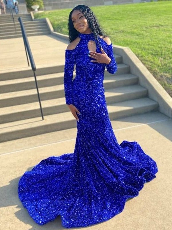Trumpet/Mermaid Velvet Sequins High Neck Long Sleeves Chapel Train Prom Dress