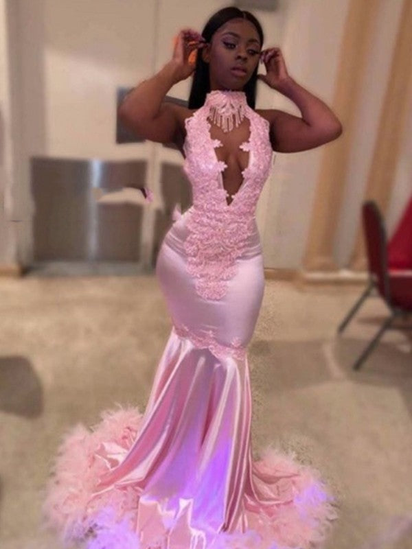 Trumpet/Mermaid Elastic Woven Satin Applique High Neck Sleeveless Sweep/Brush Train Prom Dress