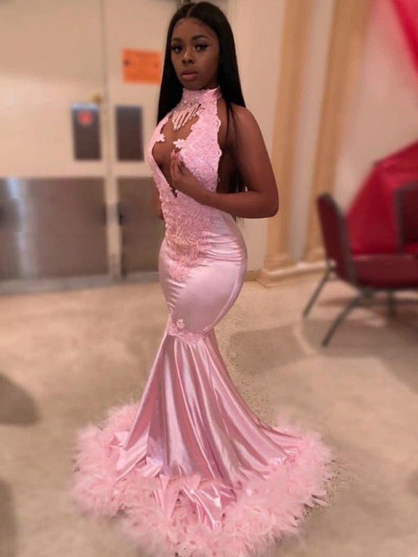 Trumpet/Mermaid Elastic Woven Satin Applique High Neck Sleeveless Sweep/Brush Train Prom Dress