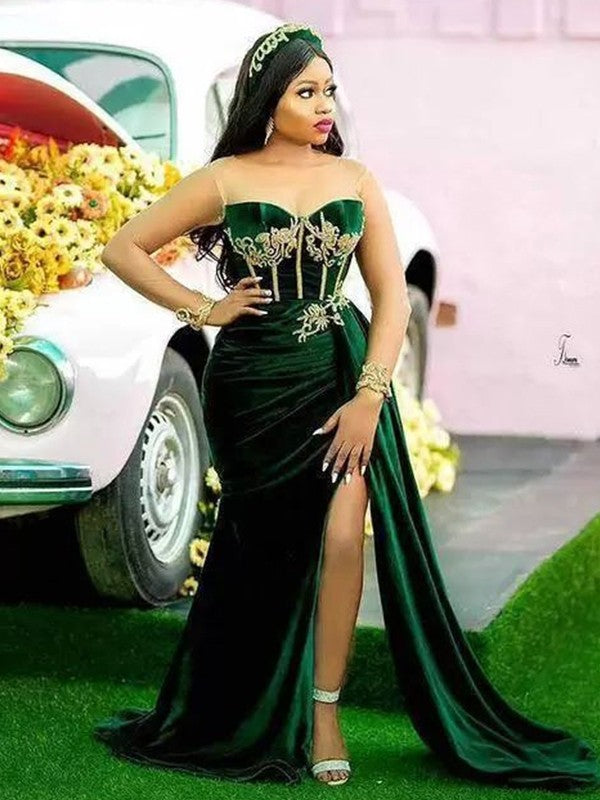 Sheath/Column Velvet Applique Scoop Sleeveless Sweep/Brush Train Corset Prom Dress