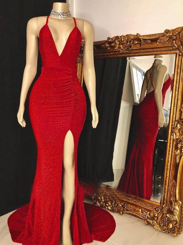 Sheath/Column Ruched V-neck Sleeveless Sweep/Brush Train Prom Dress