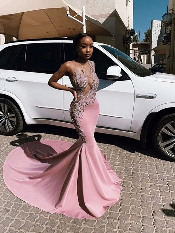 Trumpet/Mermaid Charmeuse Applique Jewel Sleeveless Sweep/Brush Train Prom Dress