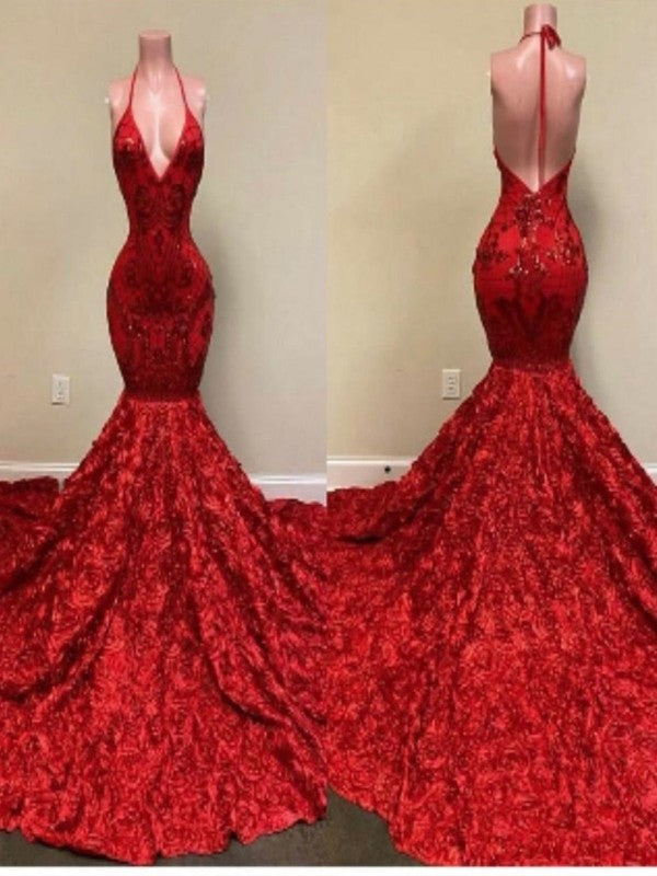 Trumpet/Mermaid Lace Ruffles V-neck Sleeveless Sweep/Brush Train Prom Dress