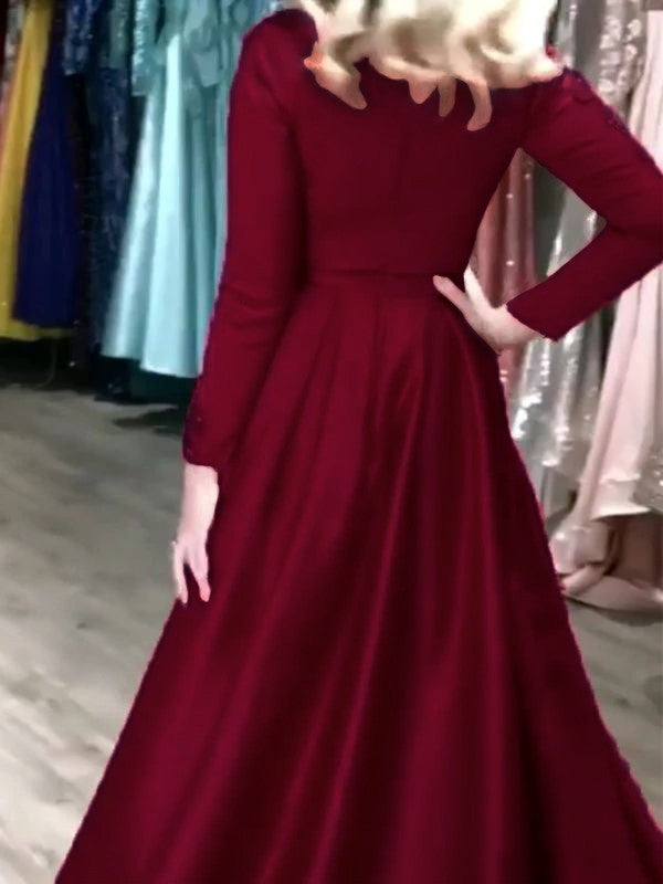 A-Line/Princess Satin Ruffles V-neck Long Sleeves Floor-Length Prom Dress