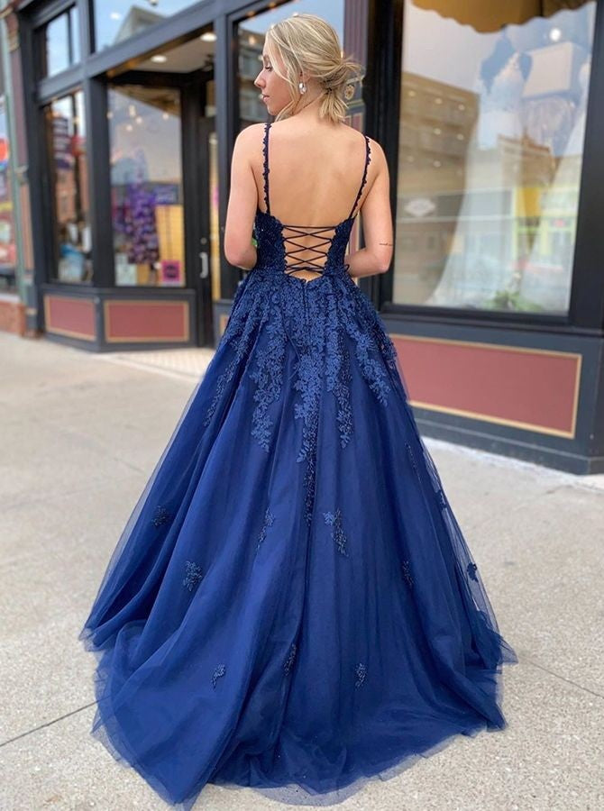 A-Line/Princess Tulle Applique V-neck Sleeveless Sweep/Brush Train Prom Dress