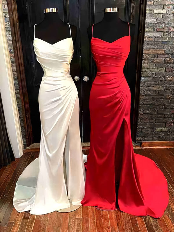 Sheath/Column Elastic Woven Satin Ruched Spaghetti Straps Sleeveless Sweep/Brush Train Prom Dress