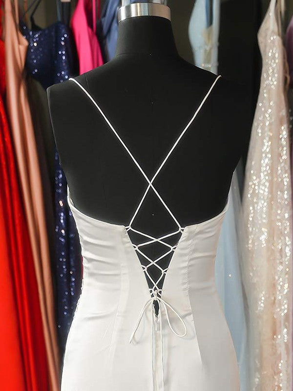 Sheath/Column Elastic Woven Satin Ruched Spaghetti Straps Sleeveless Sweep/Brush Train Prom Dress