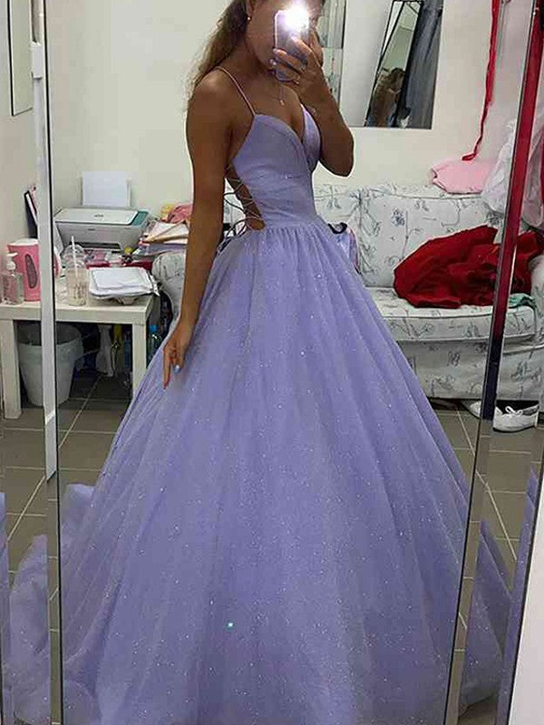 A-Line/Princess Ruffles Spaghetti Straps Sleeveless Sweep/Brush Train Prom Dress