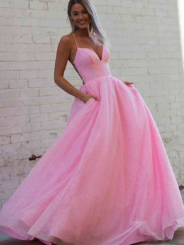 A-Line/Princess Ruffles Spaghetti Straps Sleeveless Sweep/Brush Train Prom Dress