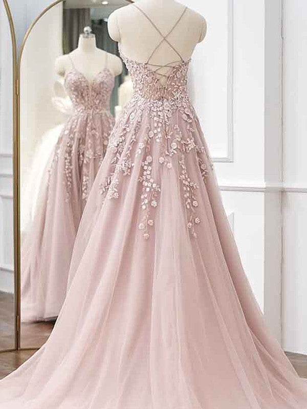 A-Line/Princess Tulle Applique V-neck Sleeveless Sweep/Brush Train Prom Dress