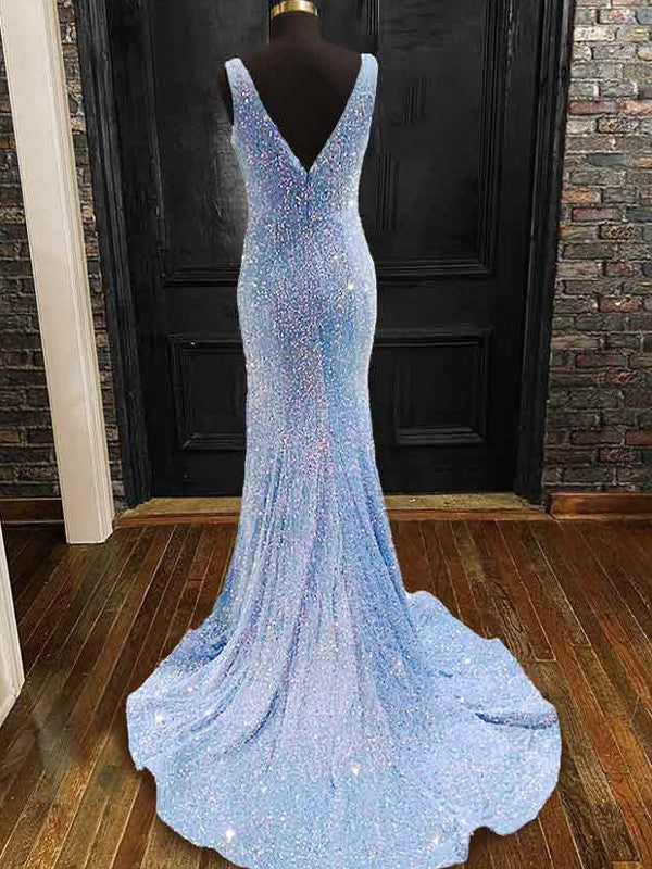 Sheath/Column Velvet Sequins V-neck Sleeveless Sweep/Brush Train Prom Dress