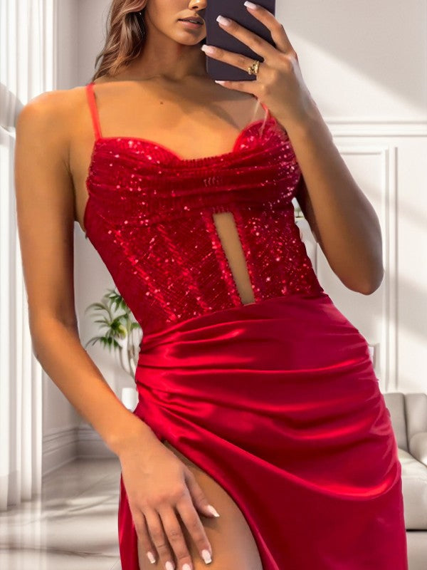 Sheath Spaghetti Straps Pleated Sweep Train Silk Like Satin Corset Prom Dress