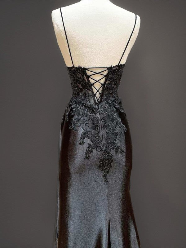 Sheath V-neck Appliques Lace Sweep Train Elastic Woven Satin Prom Dress