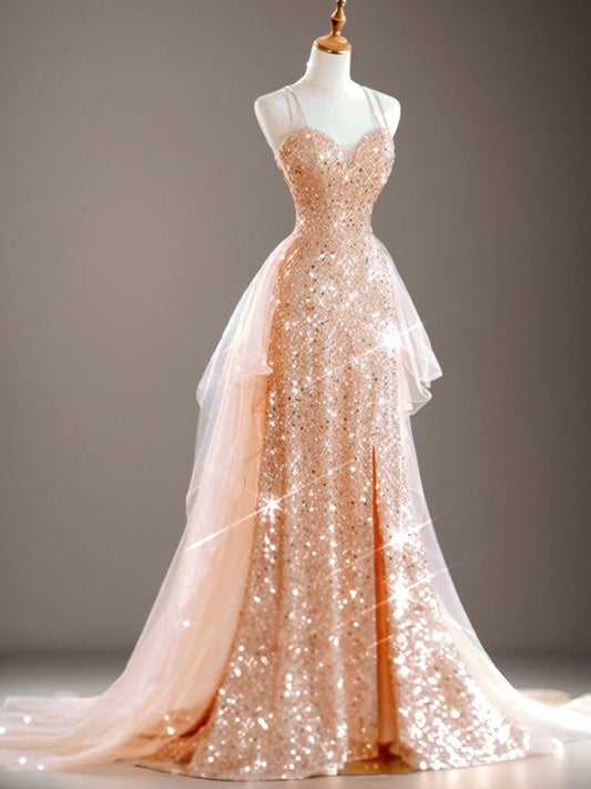 A-line V-neck Sweep Train Prom Dress