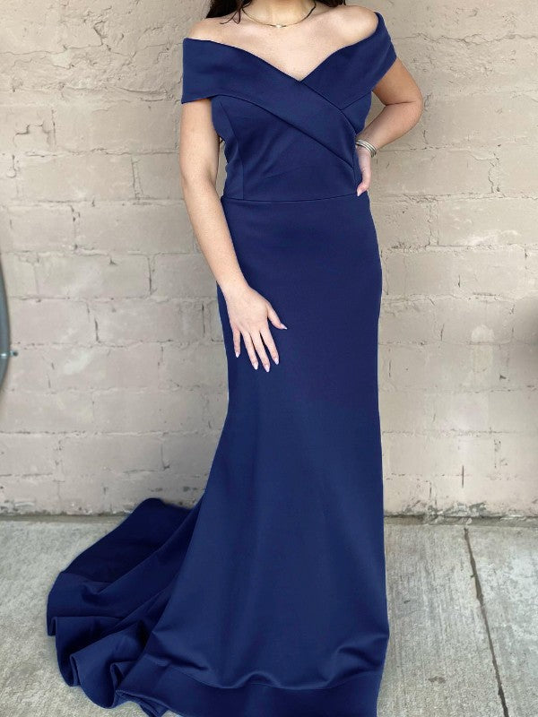 Sheath/Column Charmeuse Off-the-Shoulder Sweep/Brush Train Mother of the Bride Dress