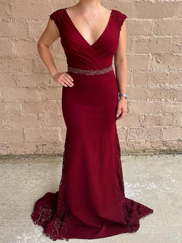 Sheath/Column Stretch Crepe Applique V-neck Sweep/Brush Train Mother of the Bride Dress