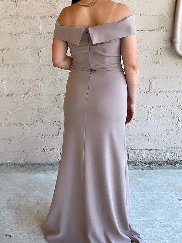 Sheath/Column Stretch Crepe Ruched Off-the-Shoulder Sweep/Brush Train Mother of the Bride Dress