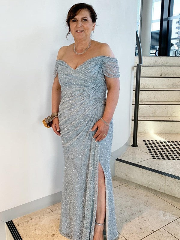 Sheath/Column Ruched Off-the-Shoulder Sleeveless Floor-Length Mother of the Bride Dress