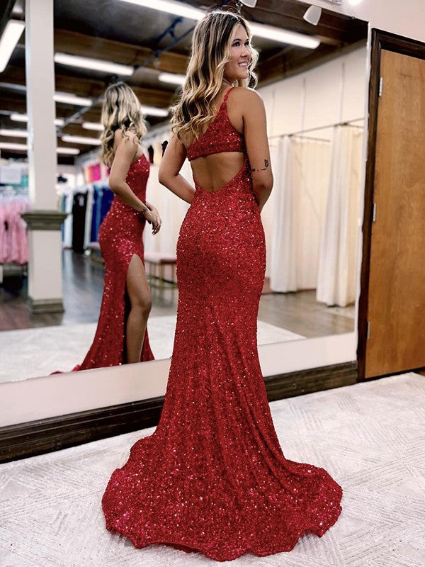 Trumpet/Mermaid Velvet Sequins One-Shoulder Sleeveless Sweep/Brush Train Prom Dress