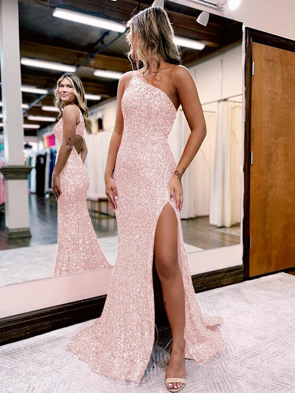 Trumpet/Mermaid Velvet Sequins One-Shoulder Sleeveless Sweep/Brush Train Prom Dress