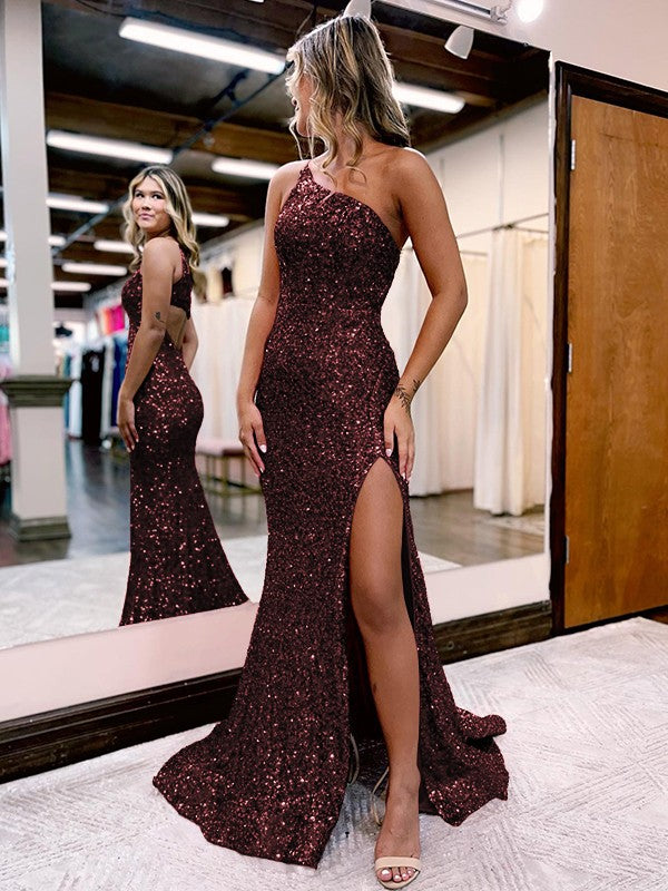 Trumpet/Mermaid Velvet Sequins One-Shoulder Sleeveless Sweep/Brush Train Prom Dress