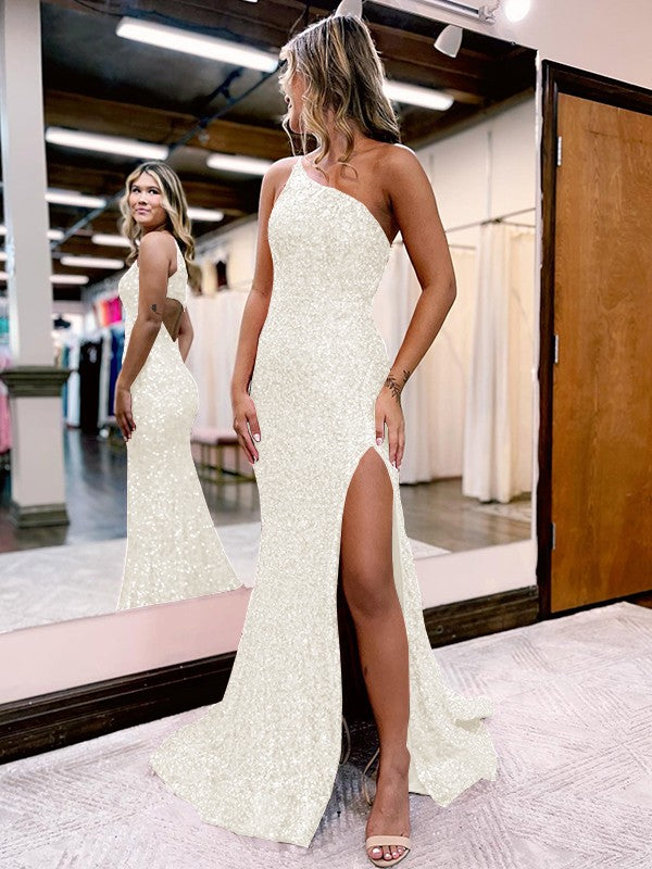 Trumpet/Mermaid Velvet Sequins One-Shoulder Sleeveless Sweep/Brush Train Prom Dress
