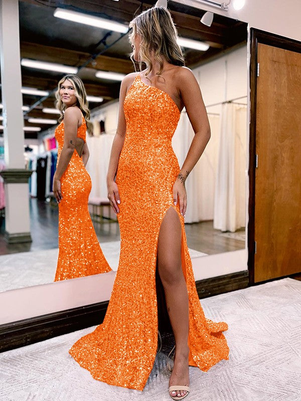 Trumpet/Mermaid Velvet Sequins One-Shoulder Sleeveless Sweep/Brush Train Prom Dress